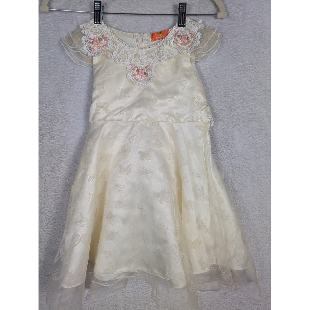 Dolce Liya Party Dress Girl's 5Y-6Y Cream Butterfly Lace Floral Tulle Special